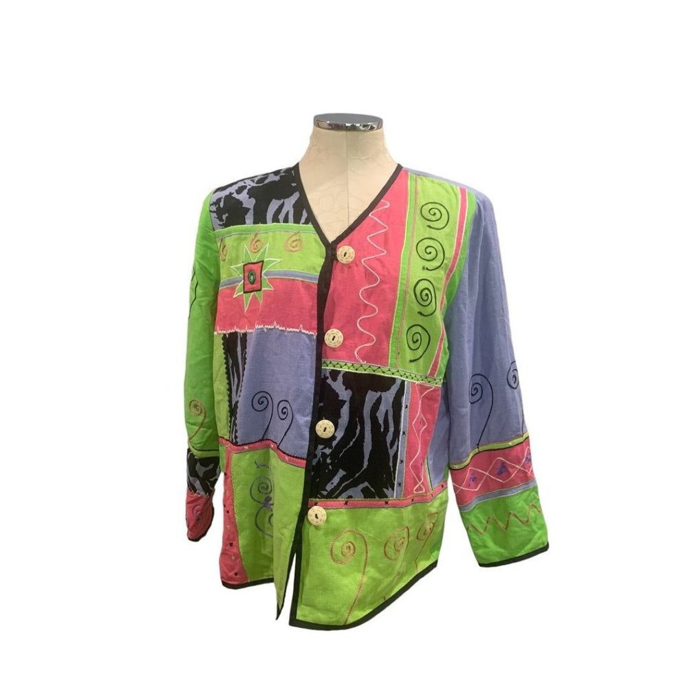 Small Petite Women's Oversize Patchwork Artsy Jacket Lightweight Button Up